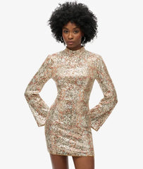 Long-Sleeved Printed Sequin Mini Dress