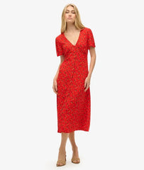 Printed Button-up Short Sleeve Midi Tea Dress