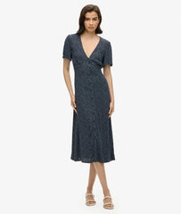 Printed Button-up Short Sleeve Midi Tea Dress