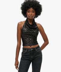 Cowl Halter Neck Sequin Top