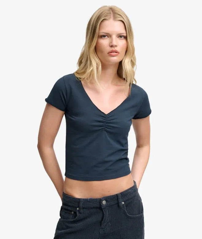 Gathered V-Neck Crop T-Shirt