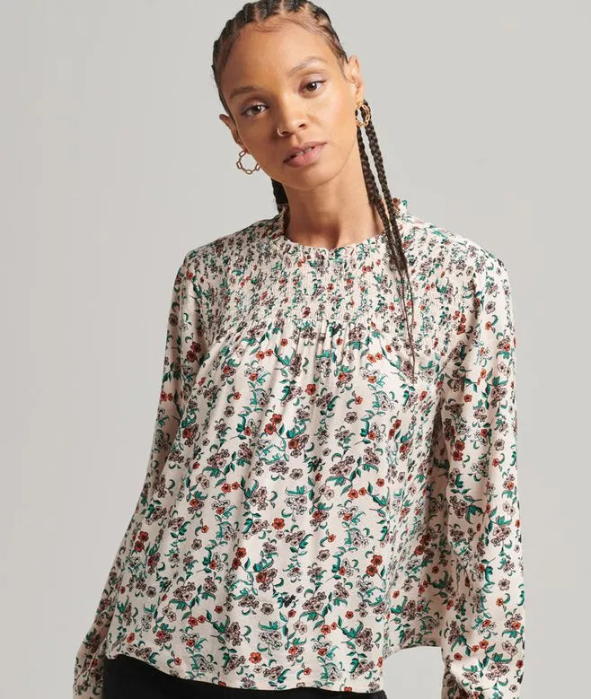 Smocked Long Sleeve Woven Top
