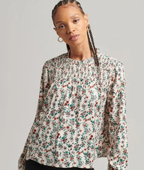 Smocked Long Sleeve Woven Top