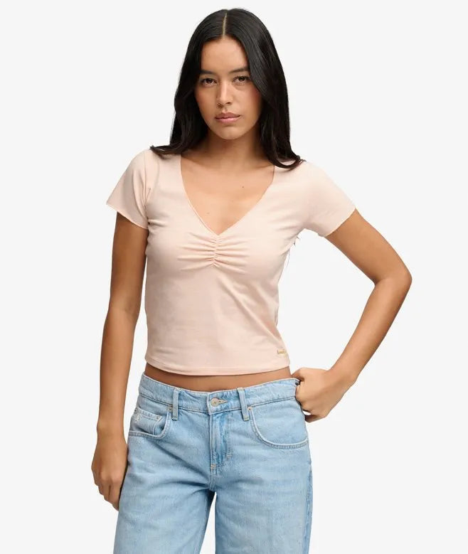 Gathered V-Neck Crop T-Shirt