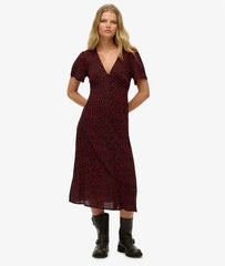 Printed Button-up Short Sleeve Midi Tea Dress