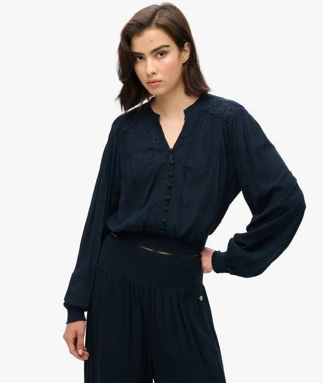 Long Sleeve Lace Trim Smocked Blouse