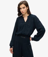 Long Sleeve Lace Trim Smocked Blouse