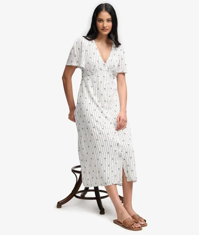 Printed Button Short Sleeve Midi Tea Dress