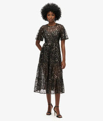 Volume Tiered Mesh Midi Dress
