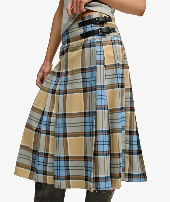 Check Pleated Midi Skirt