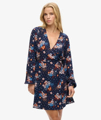 Long Sleeve V Neck Mini Wrap Dress