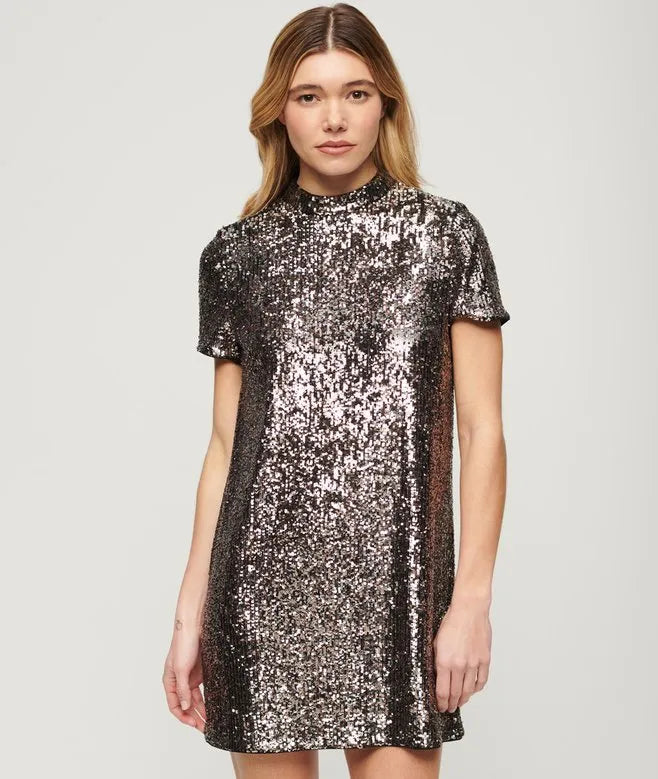 High Neck Sequin T-Shirt Dress