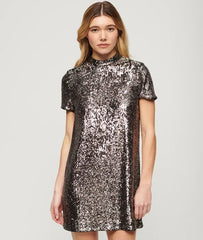 High Neck Sequin T-Shirt Dress