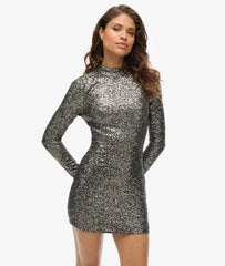 Sequinned Mock Neck Mini Dress