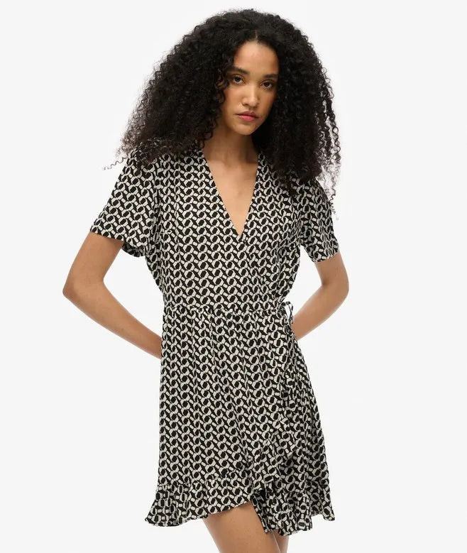 Short Sleeve Printed Mini Wrap Dress
