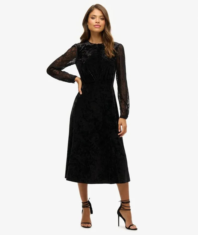 Lace Sleeve Velvet Midi Dress