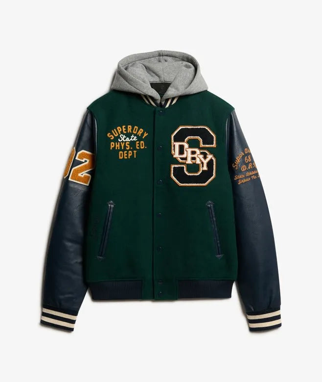 Hooded College Patched Bomber Jacket