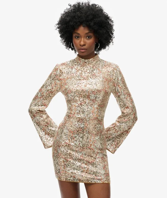 Long-Sleeved Printed Sequin Mini Dress