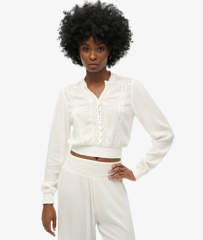 Long Sleeve Lace Trim Smocked Blouse