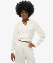 Long Sleeve Lace Trim Smocked Blouse