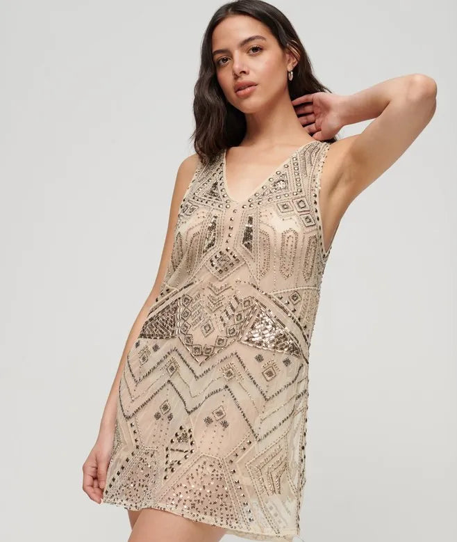 Embellished V Neck Mini Dress