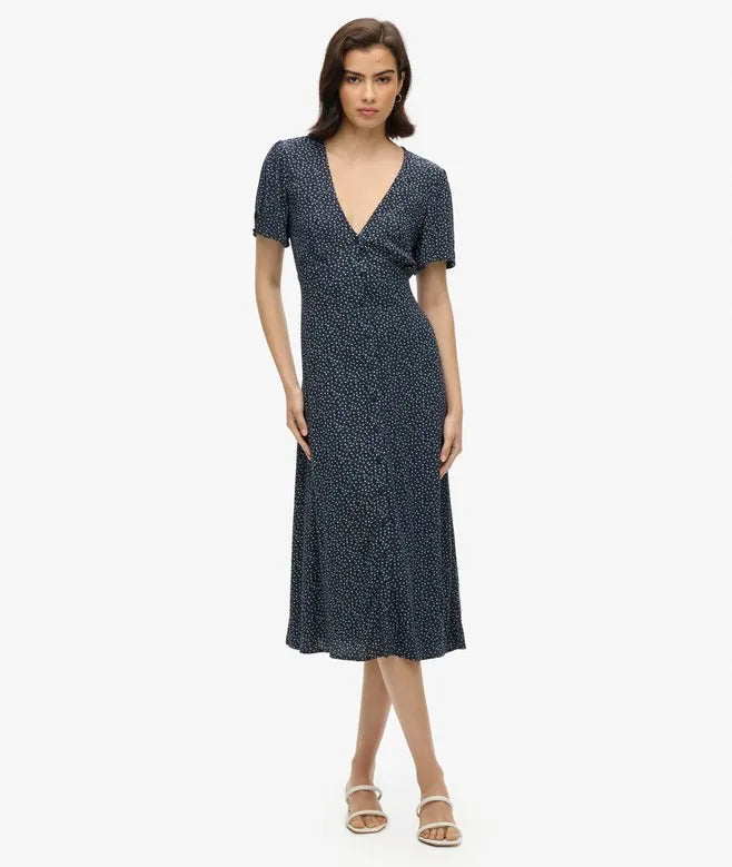 Printed Button-up Short Sleeve Midi Tea Dress