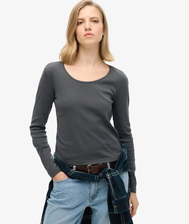 Fine Rib Scoop Neck Long Sleeve Top