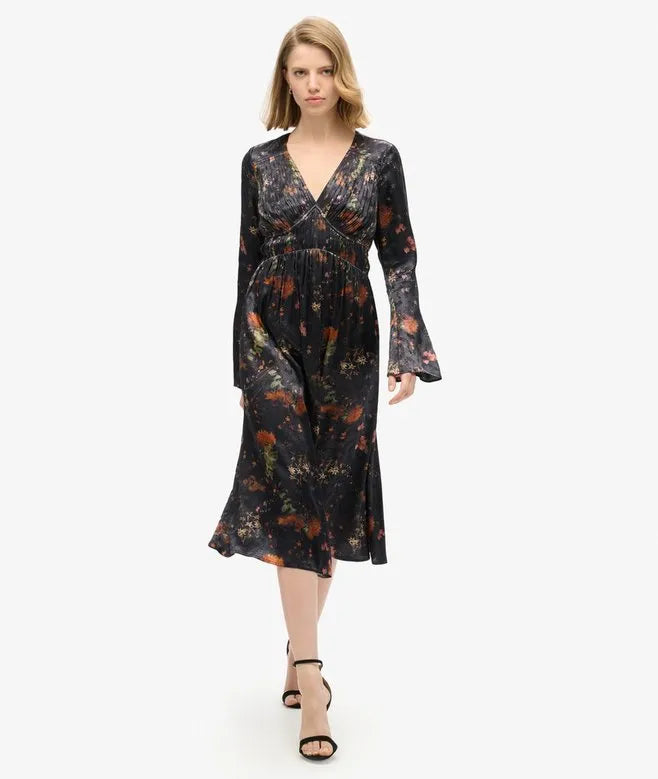 Flare Sleeved Jacquard Midi Dress