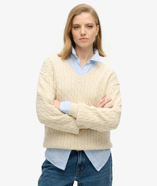 Oversized V Neck Cable Knit Jumper