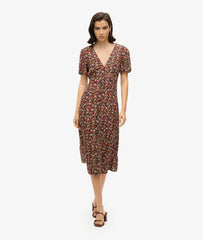 Printed Button-up Short Sleeve Midi Tea Dress