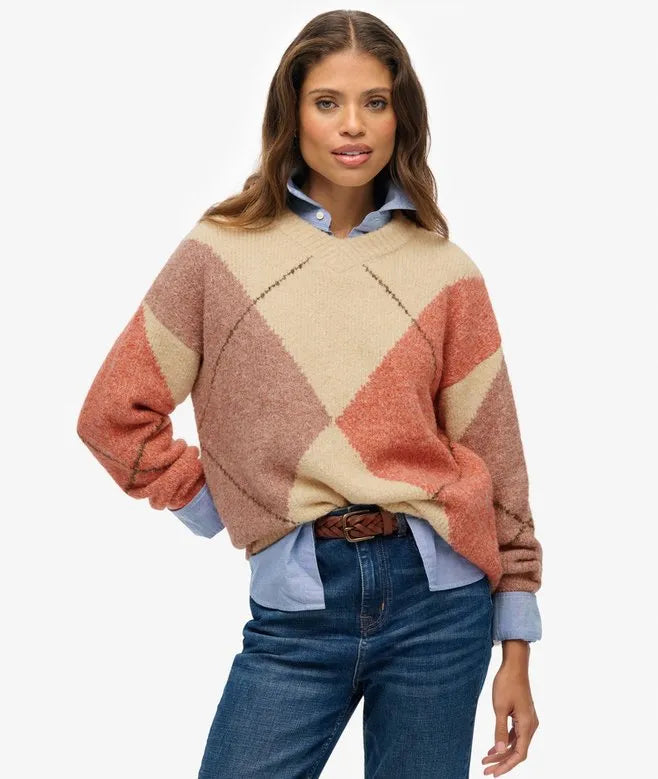 Oversized Argyle V Neck Jumper