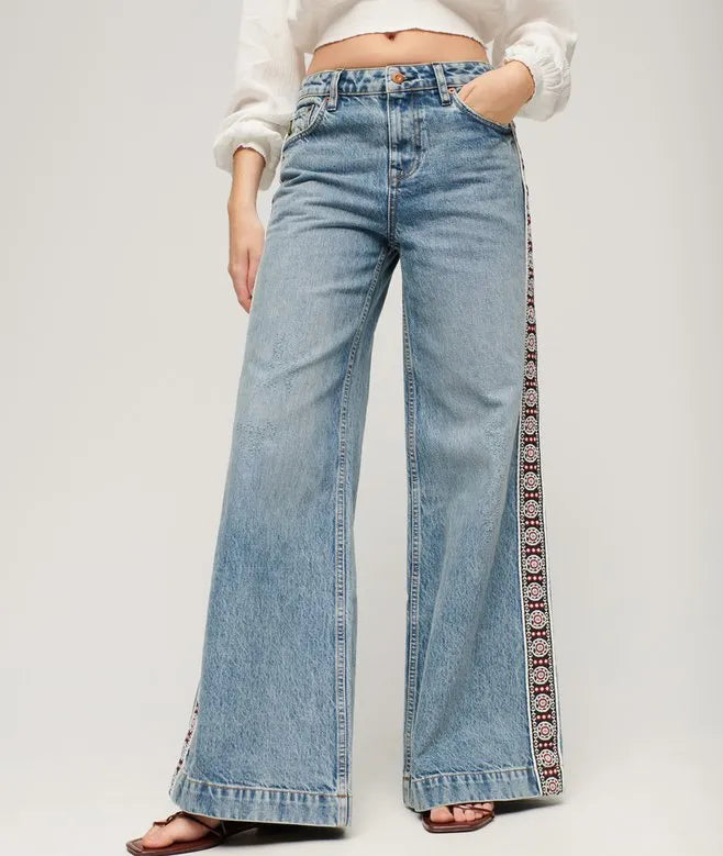 Wide Leg Flare Boho Tape Jeans
