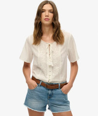 Short Sleeve Embroidered Button Top